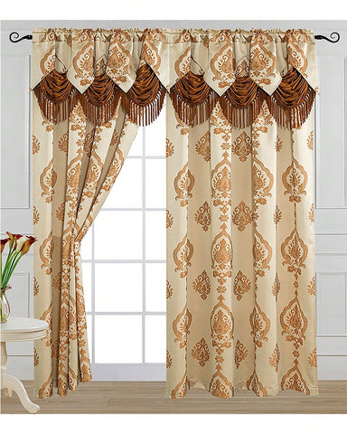 Luxury Fancy Jacquard Design Room Darkening Curtain Panel With Attached Waterfall Valance, 54 By 84-Inch Solid Plain Colors Rod Pocket Modern Semi Blackout For Living Room Bedroom And Dining Room