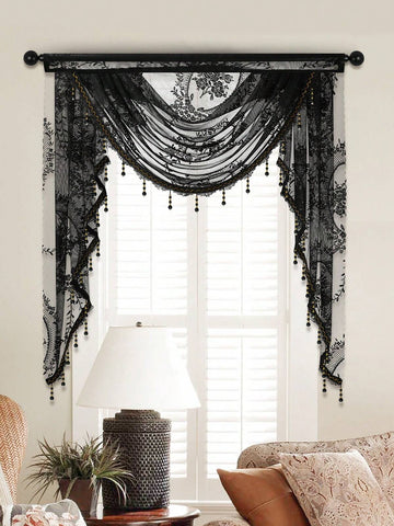 1pc Black Lace Heavy Curtain, Sweet Style With Exquisite Floral Ruffle Edge And Curtain Heading, Suitable For Living Room And Bedroom Windows/Doors Decor, Christmas Home Decor,Fall Decor,Autumn Decor,Room Decor