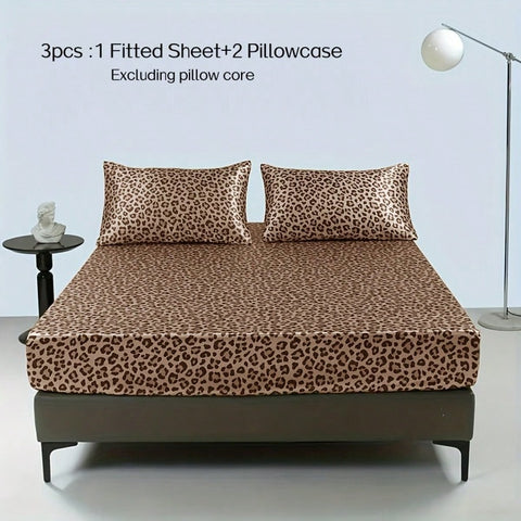 3pcs Leopard Print Satin Fitted Sheet Set (1 Fitted Sheet + 2 Pillow Shams), Modern Design Polyester Fabric With High Luster, Fit For Home And Decor
