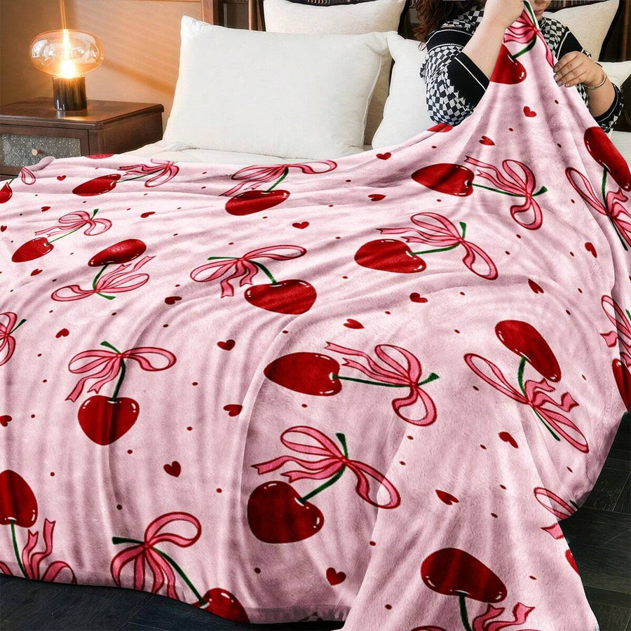 1pc Cherry Pattern Flannel Blanket, Suitable For All Seasons, For Sofa, Bed Decor, Camping And Travel, Holiday Gift, Soft And Comfortable Throw Blanket, Anniversary, Wedding, Birthday Gift For Girlfriend, Wife, Lover