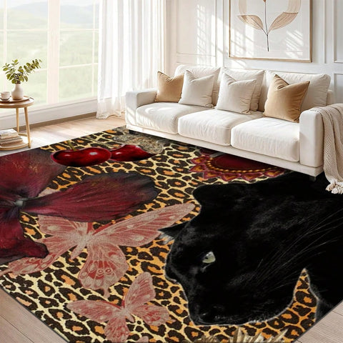 1pc Leopard Print Rug, Red Lips Rug, Pop Art Rug, Bold Statement Area Rug, Funky Living Room Decor, Animal Print Rug,84*60inch,Perfect Choice For Christmas ,Stylish And High-Quality Rugs, Perfect For Christmas Decorations And Gifts Home Decor