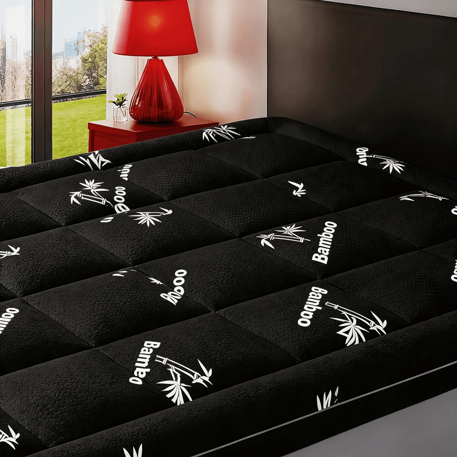 Cool Bamboo Mattress Topper - Breathable Bamboo Fiber & Microfiber Fill, 8-21" Deep Pocket Bed Cover With Green Quilted Design Soft Plush Noiseless Alternative Fill