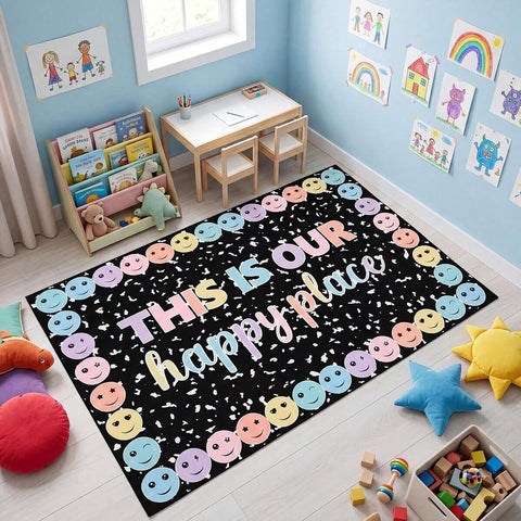 Black Cow Print Face This Is Our Happy Place Pattern Carpet, Black Pastel Cute Soft Tone, Flannel Material Area Rugs, Soft Skin-Friendly Rug Area, Casual Classroom Lounge Decor, Warm Welcoming Neutral Space